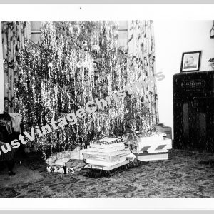 Original Vintage Christmas Photo, 1950s Black White Christmas Morning Snapshot tinsel tree presents