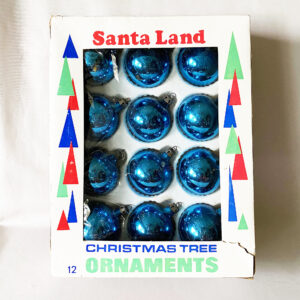 12 vintage round blue glass Poland christmas ornaments in Santa Land box, mid century christmas