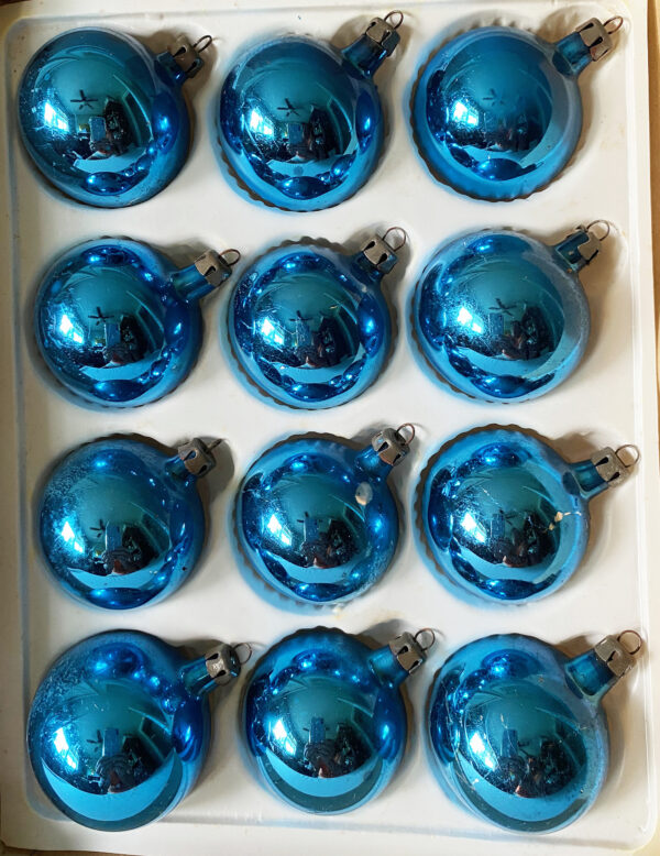 12 vintage round blue glass Poland christmas ornaments in Santa Land box, mid century christmas