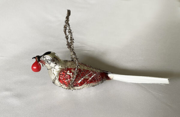 1900s Antique Wire Wrapped Bird with Berry Christmas Ornament Germany, Glass Hanging Bird