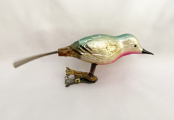 Antique German Clip On Bird Ornament 1900s, Multi Color Glass Songbird Christmas Ornament