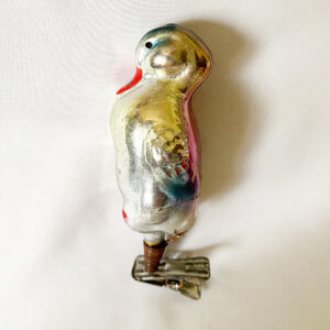 Antique standing duck mercury glass clip on Christmas ornament, silver with colorful accents circa 1930s german clip bird ornament.