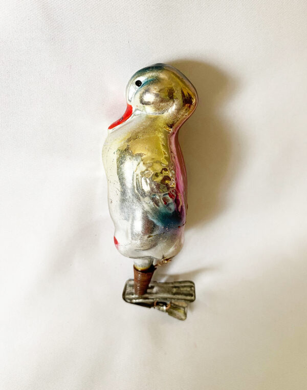 Antique standing duck mercury glass clip on Christmas ornament, silver with colorful accents circa 1930s german clip bird ornament.