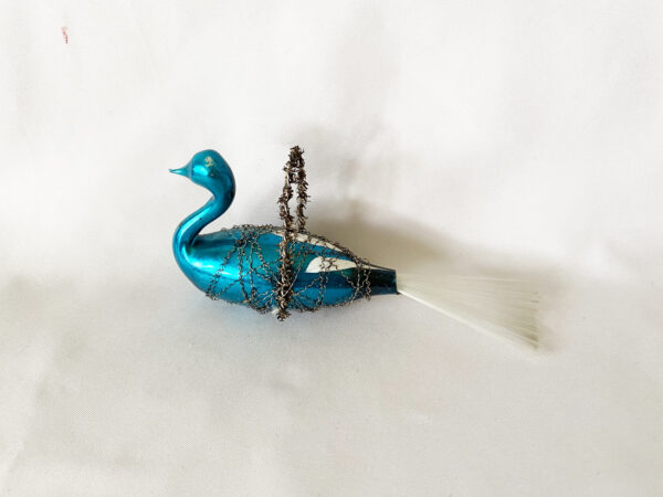 1920s Antique Free Blown Wire Wrapped Swan Christmas Ornament Germany, Blue Hanging Glass Bird with white decoration.