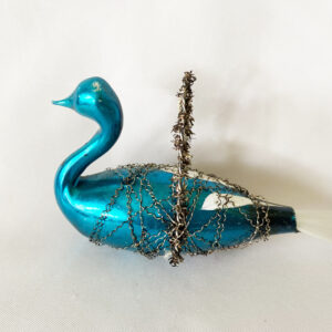 1920s Antique Free Blown Wire Wrapped Swan Christmas Ornament Germany, Blue Hanging Glass Bird with white decoration.