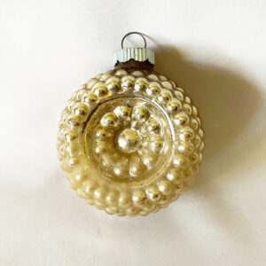 Vintage Corning glass barrel Christmas ornament with faceted sides in blue and silver, with original US of A metal cap, USA 1940s war era ornament.