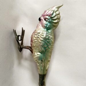 1900s Antique Large 7.5 inch German Clip On Bird Christmas Ornament, Cockatiel Parrot Blown Glass Clip Bird silver and green.