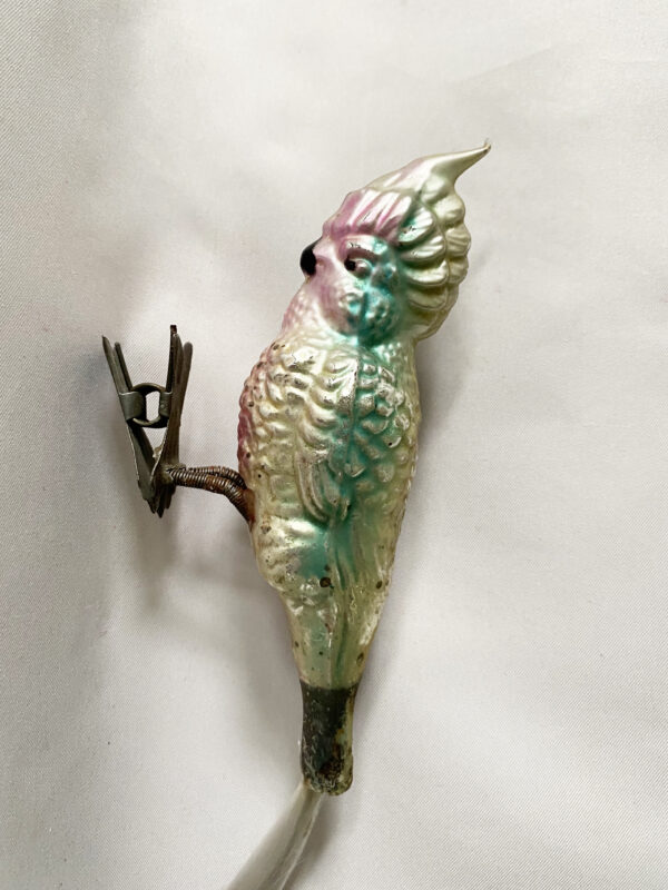 1900s Antique Large 7.5 inch German Clip On Bird Christmas Ornament, Cockatiel Parrot Blown Glass Clip Bird silver and green.