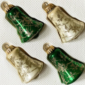 Vintage German glass bell Christmas ornaments, two green and two white with gold glitter decoration, in original box by Krebs.
