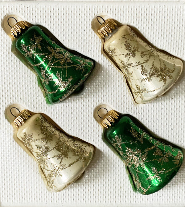 Vintage German glass bell Christmas ornaments, two green and two white with gold glitter decoration, in original box by Krebs.