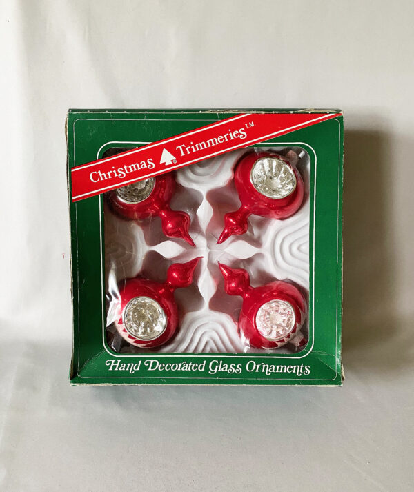 Vintage red and silver teardrop indent double ornaments with white mica accents in original box, Christmas Trimmeries Bradford Novelty.