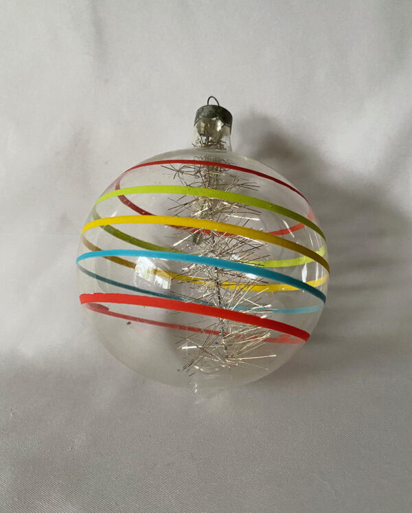 Vintage 1950s large Corning glass Christmas ornament, unsilvered with colorful stripes and a large tinsel spray inside. Excellent