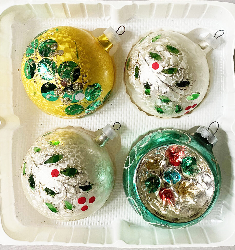 Vintage Glass Ornaments Original Box, 4 Krebs Floral and Indent