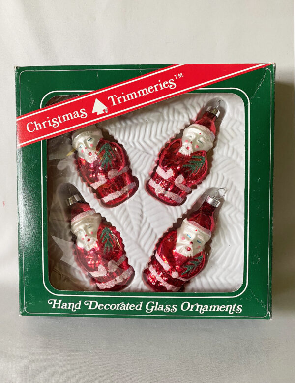 Four vintage red red coat santa glass ornaments with white mica glitter accents in original box, Christmas Trimmeries Bradford Novelty.