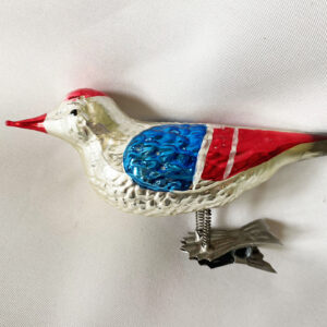 antique large 6 inch german glass bird clip on ornament in patriotic colors red white blue, 1920s