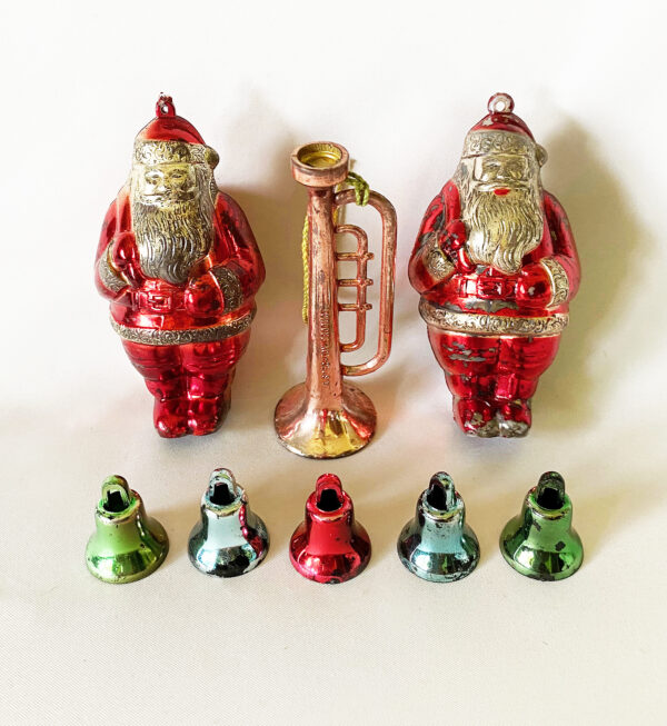 vintage lot hard plastic christmas ornaments santas bells trumpet bradford 1940s