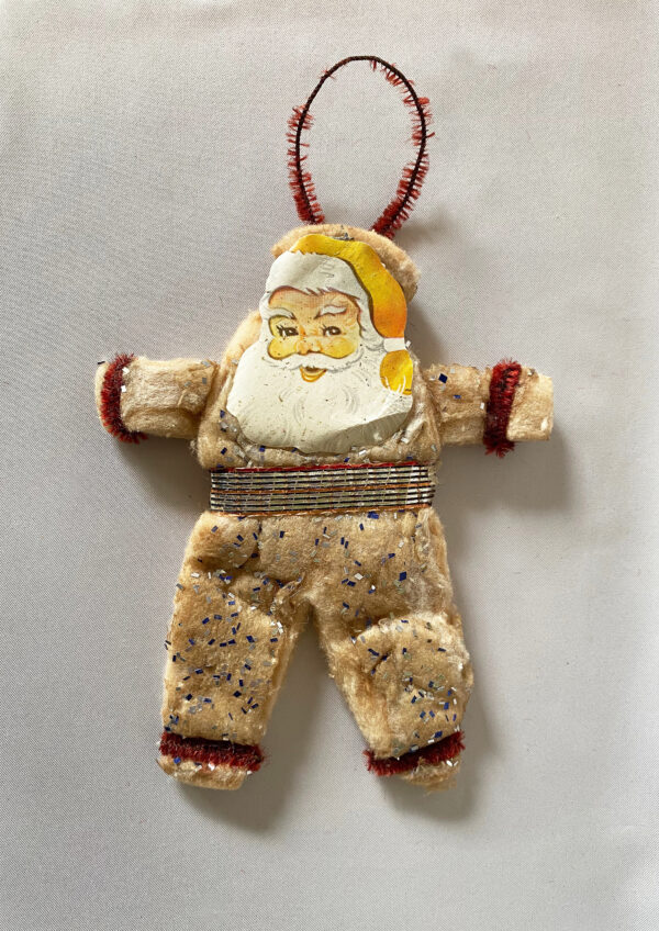 vintage handmade cotton batting christmas ornament with Santa scrap face and chenille hanging loop, sprinkle with glitter, 1950s american made
