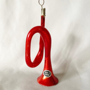 1920s german free blown glass horn trumpet christmas ornament, bright red with original Germany paper sticker excellent condition