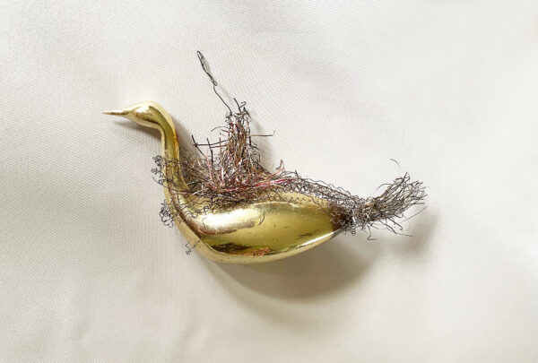 1900s Antique Free Blown Wire Wrapped Swan Christmas Ornament with tinsel wings and tail, Glass and Tinsel Hanging Bird Ornament, Victorian Christmas ornament