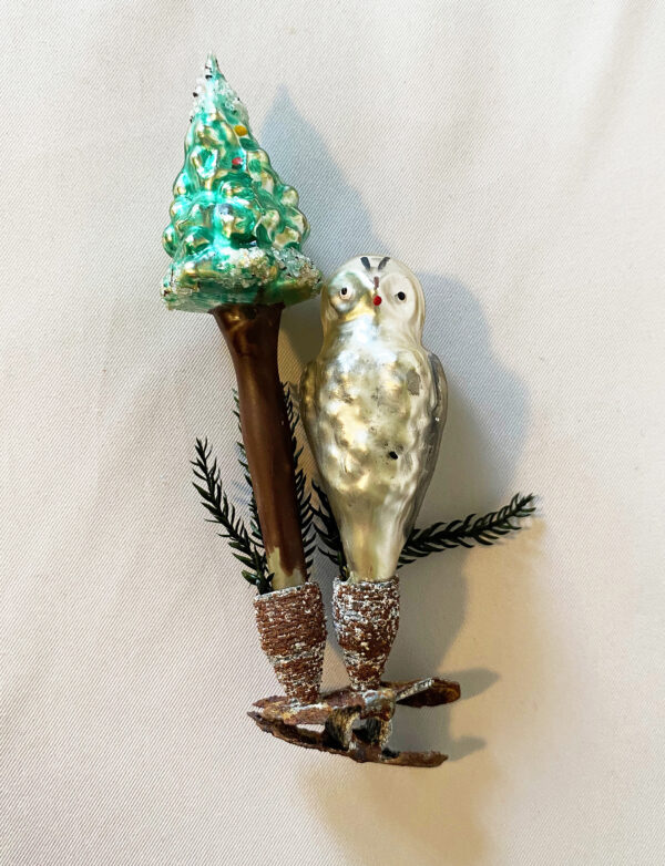 rare antique german double blown glass clip on ornament white owl with green fir tree germany 1940s