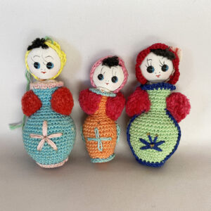 Vintage Japanese handmade Amigurumi Crochet Dolls Christmas Ornaments Lot of 3 colorful with red muff hands