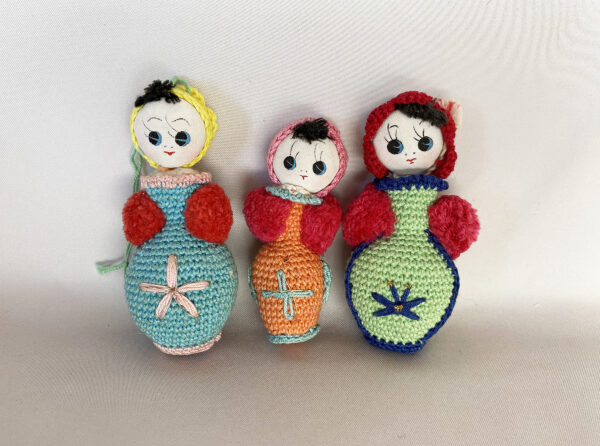 Vintage Japanese handmade Amigurumi Crochet Dolls Christmas Ornaments Lot of 3 colorful with red muff hands