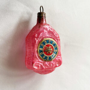 1920s German glass Christmas ornament, a bright pink red wall clock with rare paper dial, excellent.