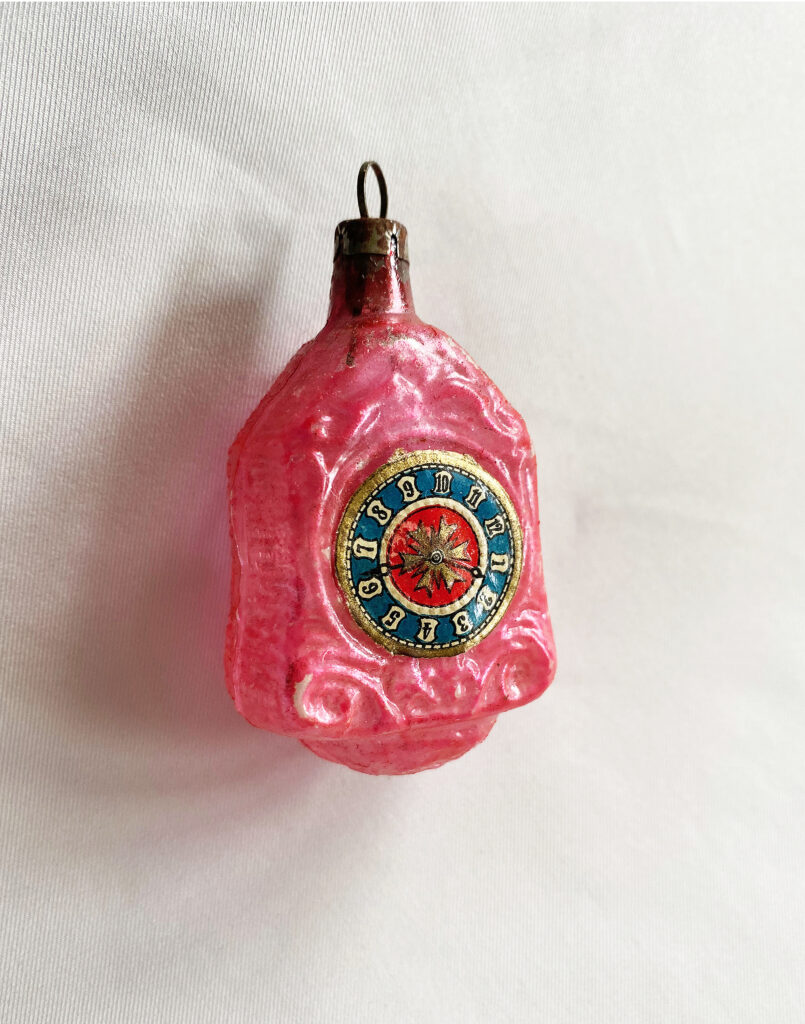 Antique German Glass Christmas Ornament Wall Clock Paper Dial, Figural