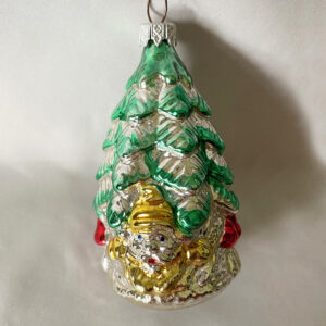 vintage german figural glass ornament gold gnome under a green fir tree with red mushrooms, excellent