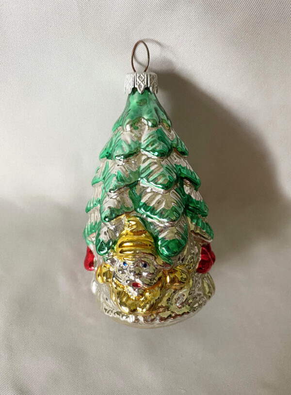 vintage german figural glass ornament gold gnome under a green fir tree with red mushrooms, excellent