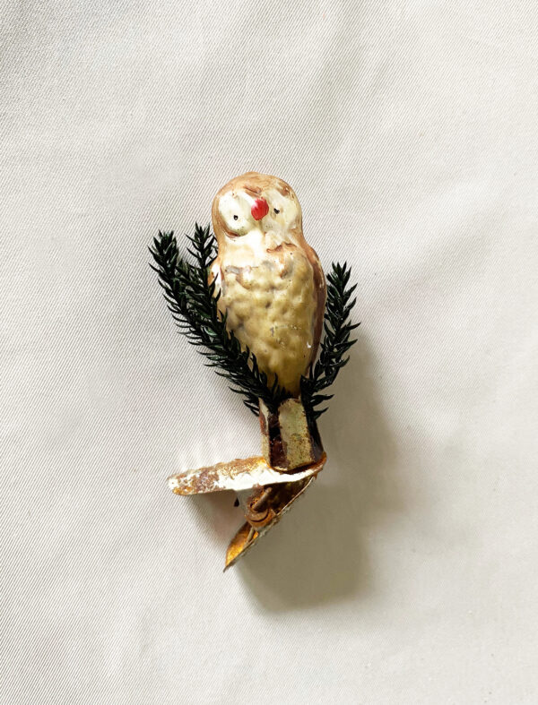1940s Antique German Glass Christmas Ornament Clip On Owl, Figural Blown Glass with Tucksheer Ornament