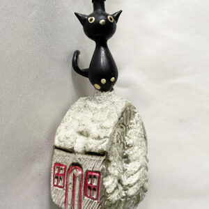 Very rare vintage German free blown christmas ornament black cat on a cottage rooftop with mica decoration, amazing condition, 1940s
