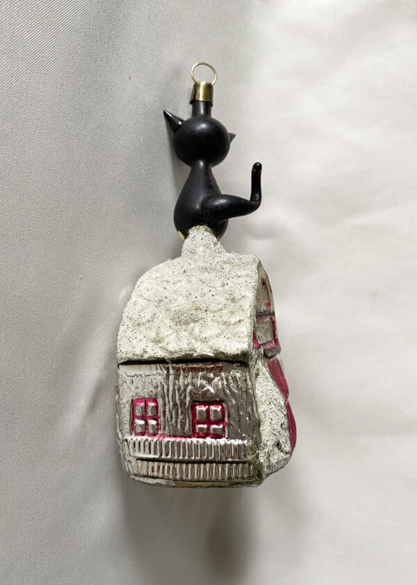 Very rare vintage German free blown christmas ornament black cat on a cottage rooftop with mica decoration, amazing condition, 1940s