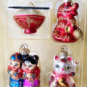 asian japanese glass christmas ornaments in box lucky cat dragon children rice bowl as new