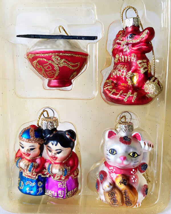 asian japanese glass christmas ornaments in box lucky cat dragon children rice bowl as new