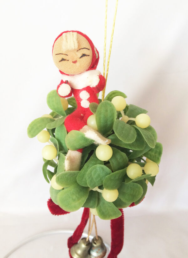 mid century hanging plastic christmas mistletoe kissing ball with pixie girl on top, with red velvet bow and three bells, 9 inches tall, excellent boho christmas decor