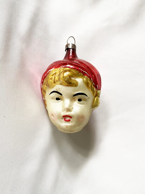 1930s german figural glass christmas ornament Boy in a Nightcap, blonde boy with a red cap, sweet hand painted face, excellent.