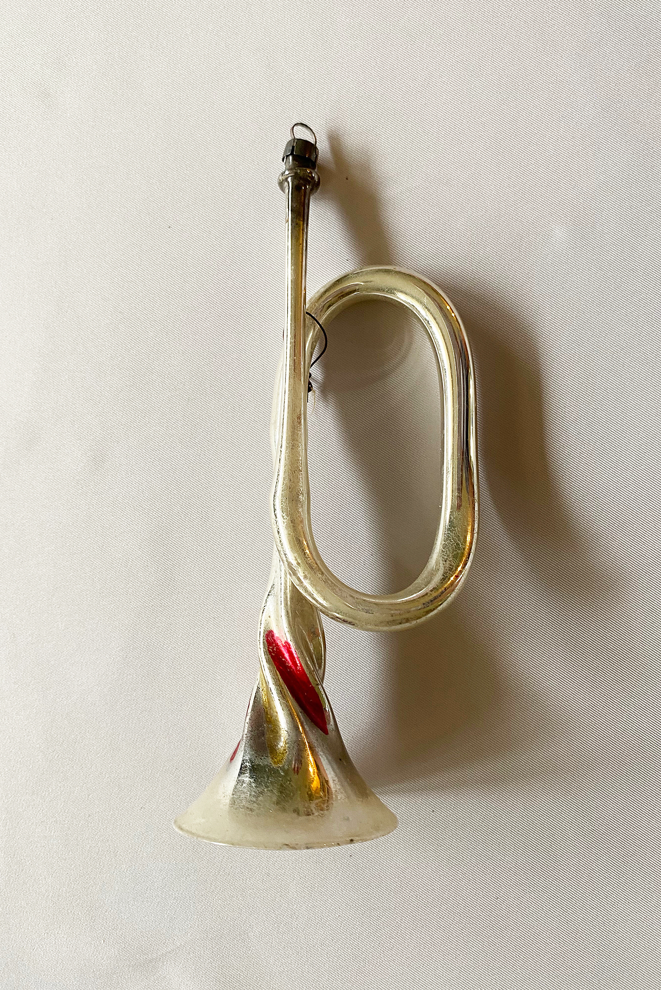 1900s extra large free blown silver glass ornament, 6 inches tall with fluted cup and disk whistle, excellent.