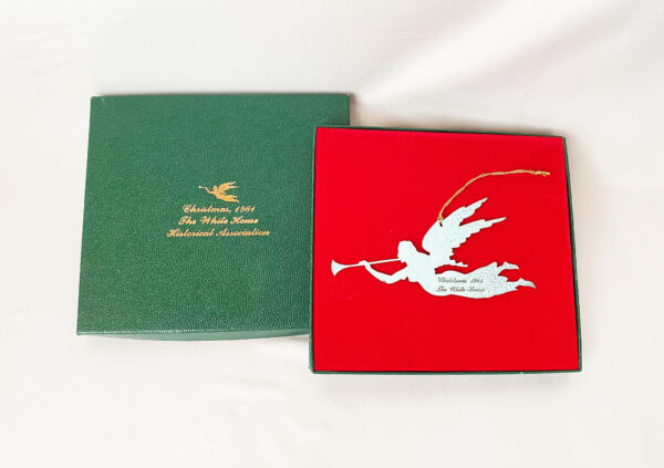 1981 White House Christmas ornament in original box, first in the series, copper trumpeting angel ornament, excellent USA ornament.