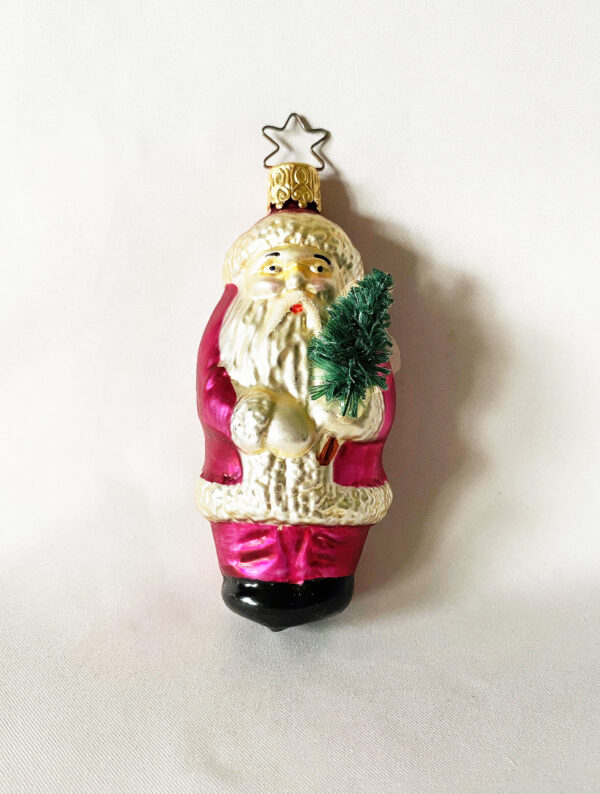 Inge Glas Santa Holding Brush Tree Figural Glass Christmas Ornament Star Cap, Retired Inge German Ornament