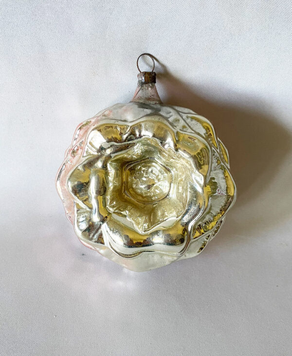 1930s large german deep floral indent mercury glass christmas ornament, silver with pink and green blush, excellent.