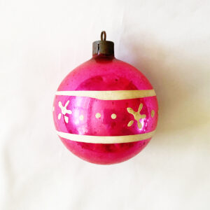 vintage war era corning glass christmas ornament, magenta read 2 inch sphere with white stripes and hand painted stars, unmarked metal cap, 1940s usa ornament.