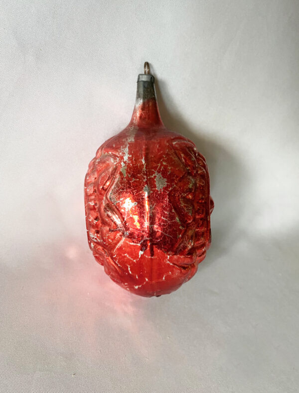 Large Heidt Embossed Double Star Indent Teardrop Christmas Ornament, USA Glass Ornament 1930s