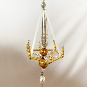 Silver and gold antique Czech beaded christmas ornament, a 5 inch tall chandelier lamp with eight styles of glass beads, circa 1920s.