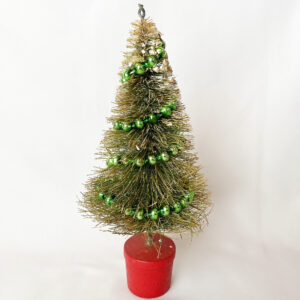 1940s Bottle Brush Tree with Green Glass Garland, 6.5″ Vintage Brush Christmas Tree Japan, Putz Christmas Decor