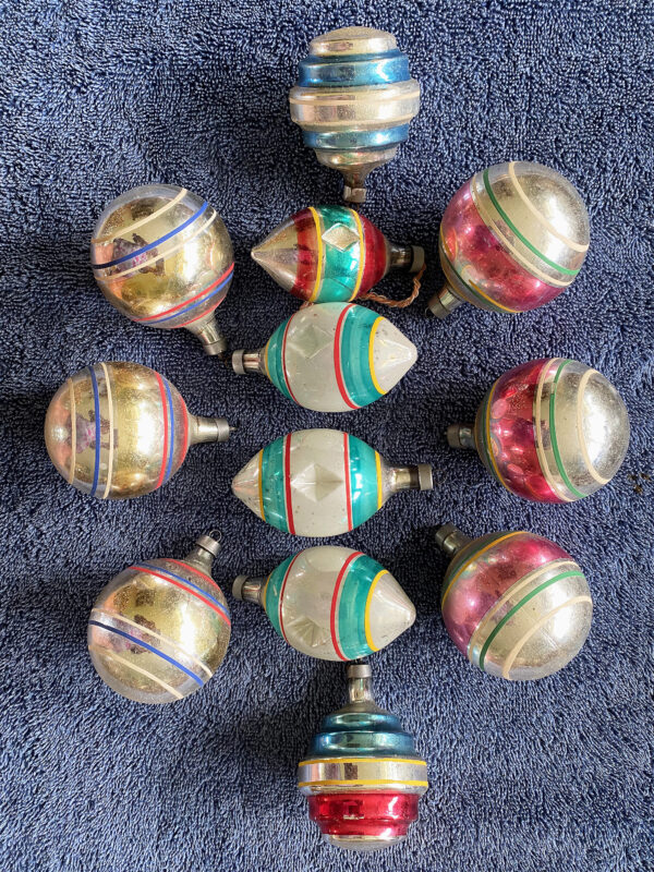 12 vintage USA 1940s glass christmas ornaments by Premier in original box, stripes, atomic and indents excellent american made ornaments.