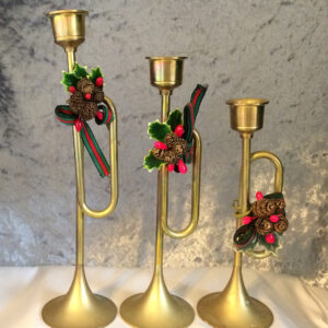 3 Mid Century Modern Vintage Brass Candle Stick Holders Bugle Horns with plastic holly, 3 sizes, 7 8 and 9 inches tall.