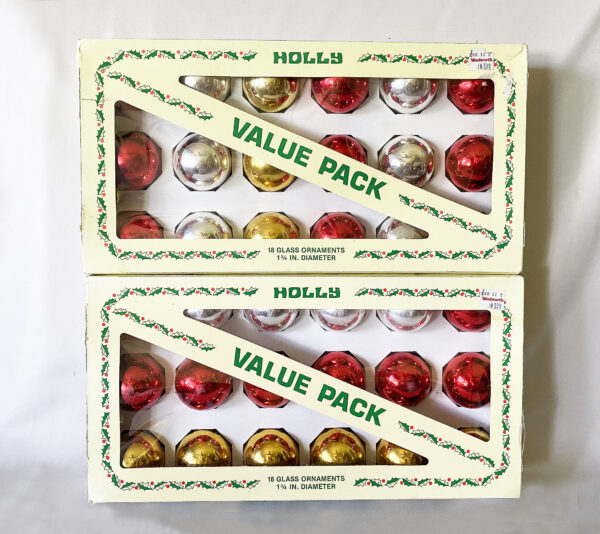 Vintage Holly Glass Christmas Ornaments Lot of 36 Red Silver Gold, Two 18 Value Packs Holly American Made Ornaments in Box