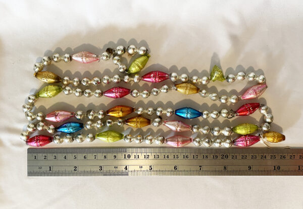 Vintage multi color Glass Christmas Garland Torpedo Beads Japan, 54 inch continues strand Antique Beaded Glass Tree Garland 1950s