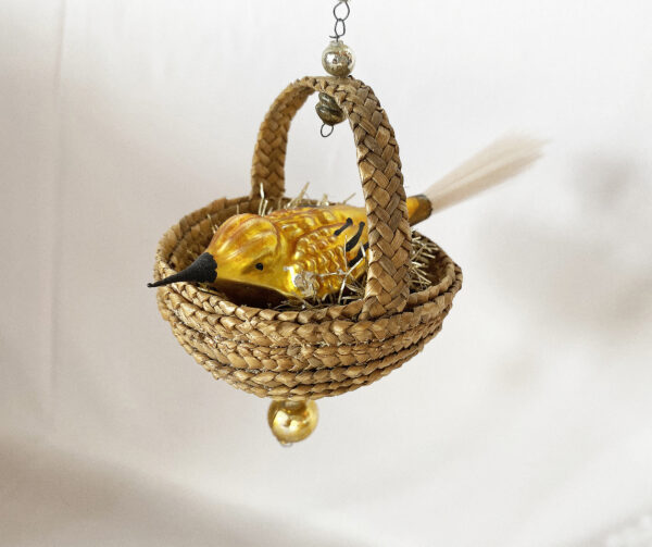 Vintage gold blown Glass Bird on Tinsel Nest Ornament, Antique Glass Bird in hanging woven Basket Czech Christmas Ornament, 1950s